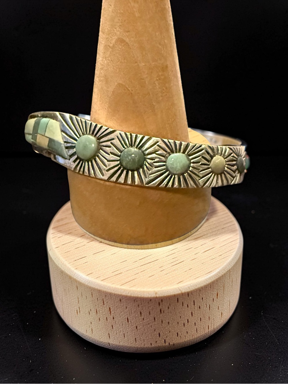 Handcrafted Green inlay Sunburst Cuff Sterling signed
